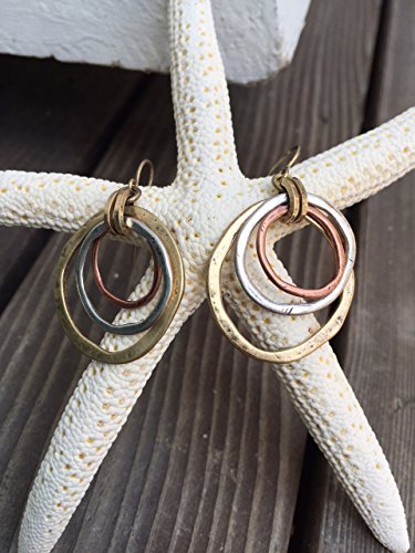 Sunrise Tricolor Dangle Earrings - Burnished Circles, Copper