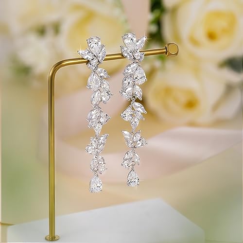 Silver Cubic Zirconia Chandelier Wedding Earrings for Women