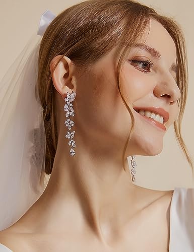 Silver Cubic Zirconia Chandelier Wedding Earrings for Women