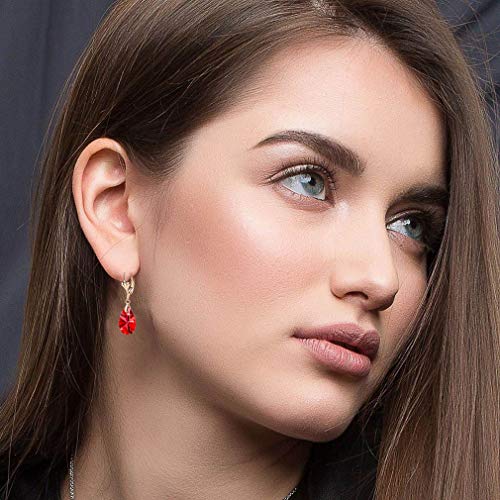 Red Austrian Crystal Teardrop Dangle Earrings 14K Gold