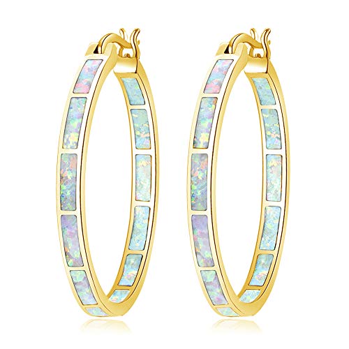 Gold Hoop Earrings with Opal Gemstone - 32mm