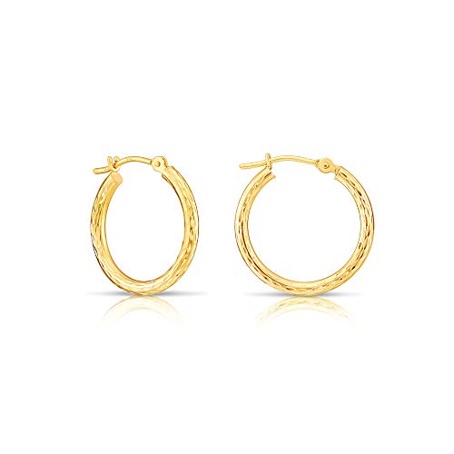 14k Yellow Gold Hand Engraved Diamond-cut Round Hoops
