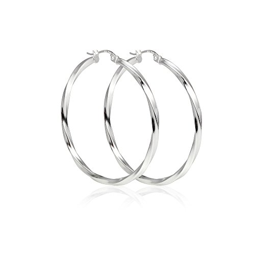 Twisted Round Sterling Silver Hoop Earrings, High Polish