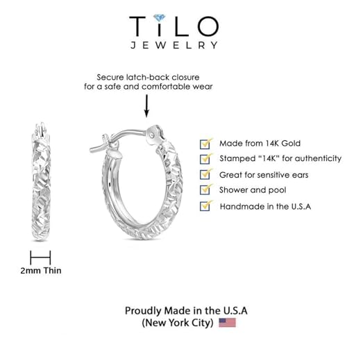 14k White Gold Hand Engraved Round Hoop Earrings