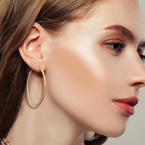 14K Gold Classic Shiny Polished Round Hoop Earrings