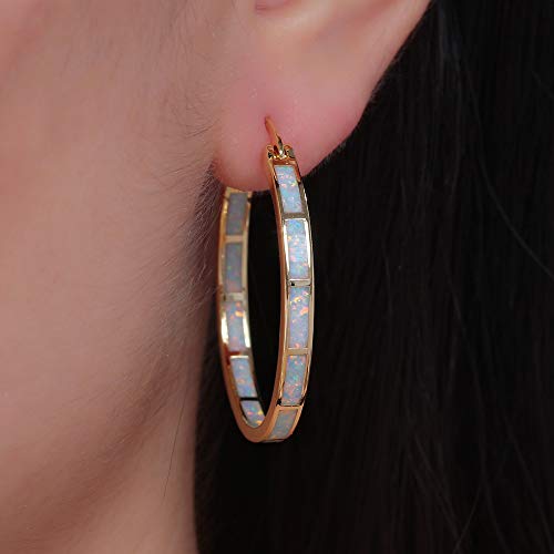 Gold Hoop Earrings with Opal Gemstone - 32mm