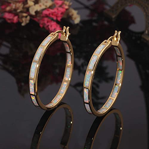Gold Hoop Earrings with Opal Gemstone - 32mm