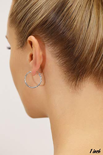 14k White Gold Diamond-cut Engraved Round Hoop Earrings
