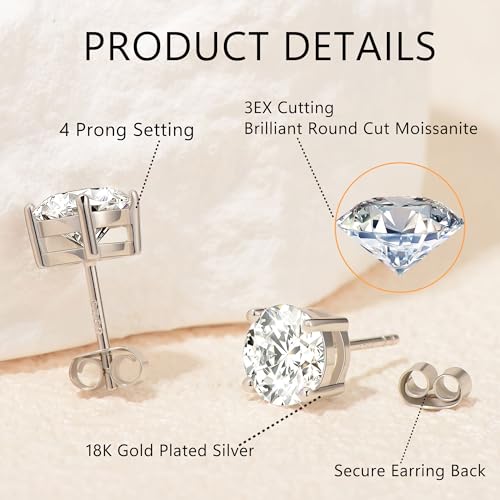 2.4ct DF Moissanite Stud Earrings, 18K White Gold