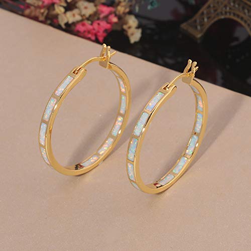 Gold Hoop Earrings with Opal Gemstone - 32mm