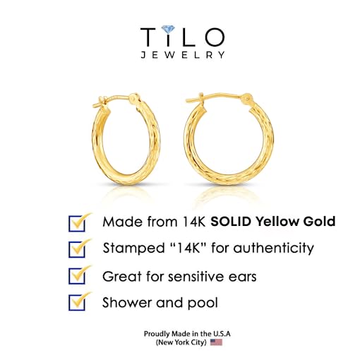 14k Yellow Gold Hand Engraved Diamond-cut Round Hoops