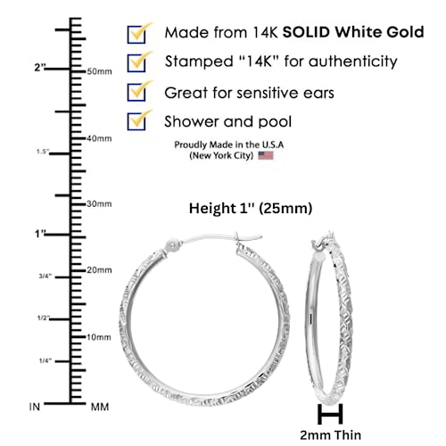 14k White Gold Diamond-cut Engraved Round Hoop Earrings
