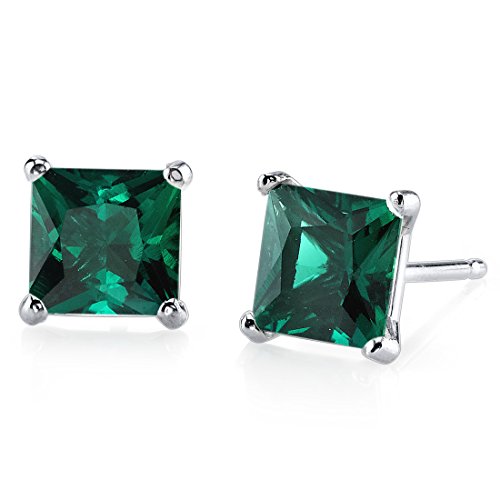 Emerald Stud Earrings 14K White Gold, Princess Cut