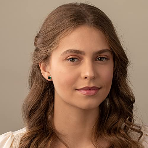 Emerald Stud Earrings 14K White Gold, Princess Cut