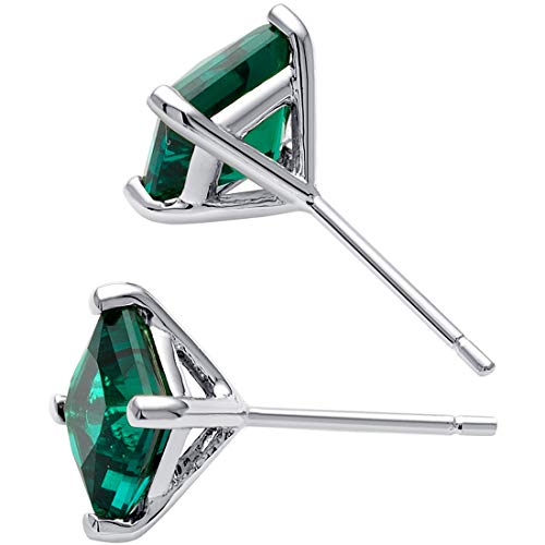 Emerald Stud Earrings 14K White Gold, Princess Cut