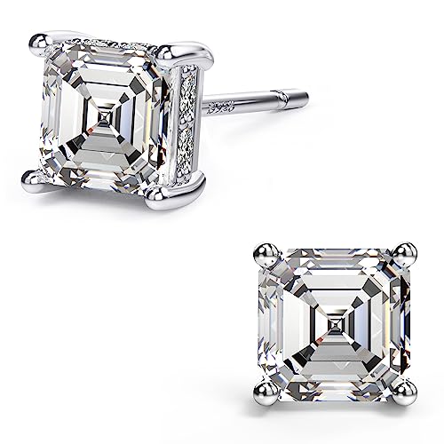 Asscher Cut CZ Stud Earrings in 18K White Gold