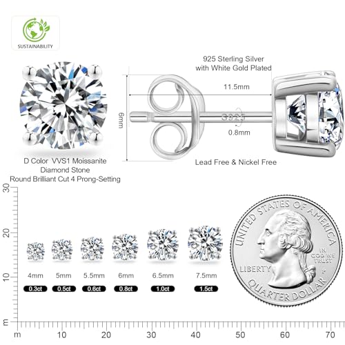 KRKC&CO Moissanite Studs Earrings, Lab Diamond, Silver Gold