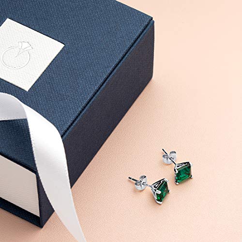 Emerald Stud Earrings 14K White Gold, Princess Cut