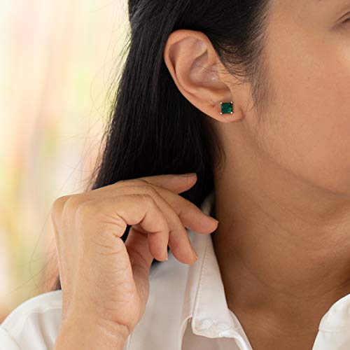 Emerald Stud Earrings 14K White Gold, Princess Cut
