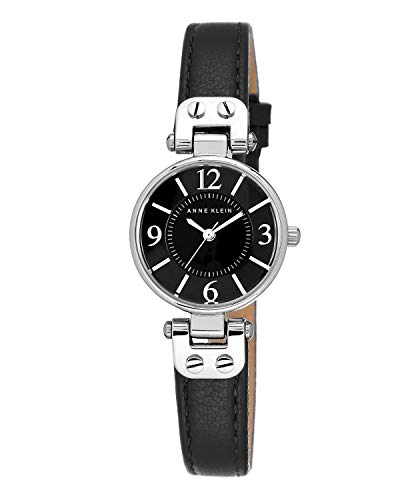 Anne Klein Women's Silver-Tone Black Watch with Leather Strap