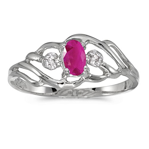 10k White Gold Oval Ruby Diamond Ring - Size 7