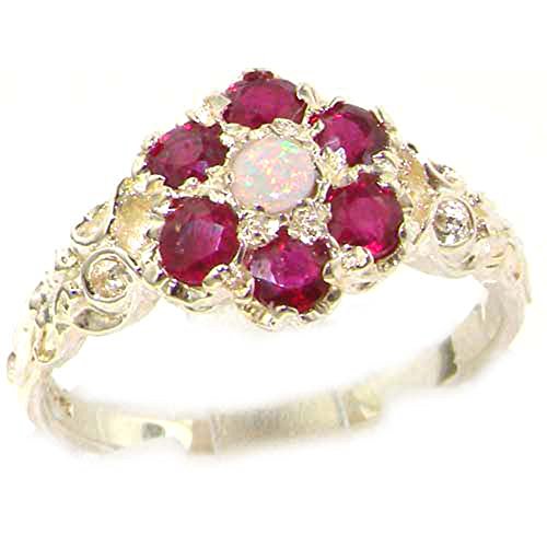 Opal and Ruby Sterling Silver Cluster Ring Size 9.75