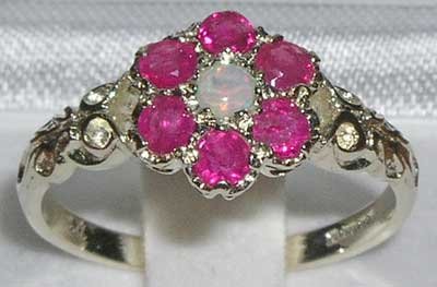 Opal and Ruby Sterling Silver Cluster Ring Size 9.75