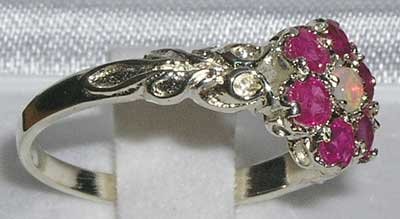 Opal and Ruby Sterling Silver Cluster Ring Size 9.75
