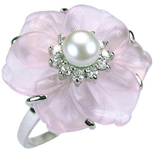 Dahlia Rose Quartz CZ Flower Pearl Silver Ring