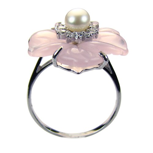 Dahlia Rose Quartz CZ Flower Pearl Silver Ring