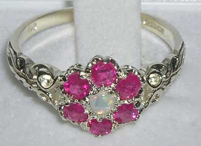 Opal and Ruby Sterling Silver Cluster Ring Size 9.75
