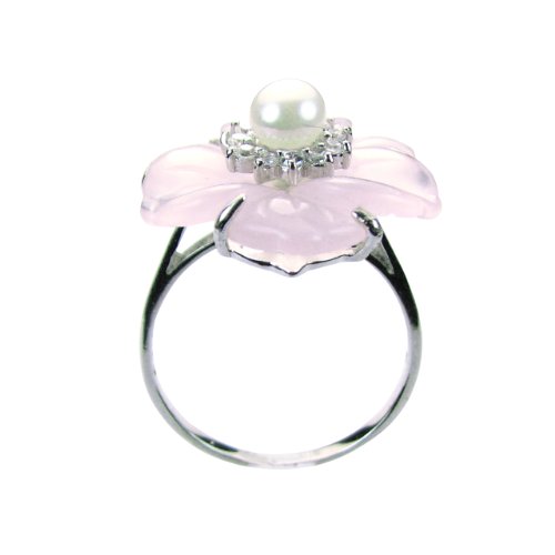 Dahlia Rose Quartz CZ Flower Pearl Silver Ring