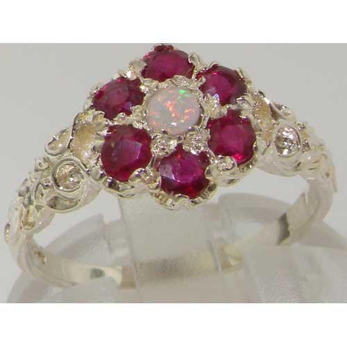Opal and Ruby Sterling Silver Cluster Ring Size 9.75