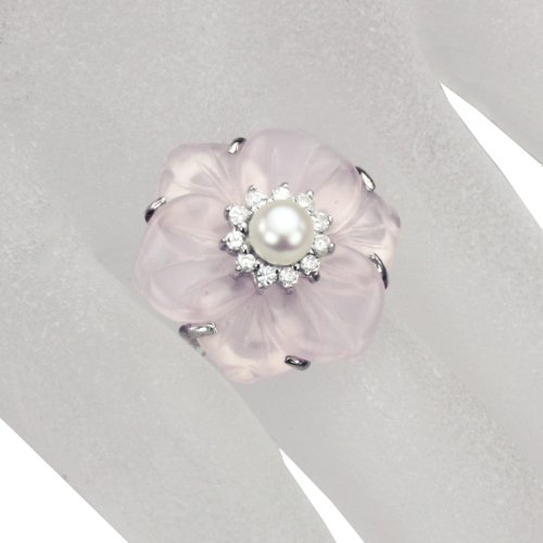 Dahlia Rose Quartz CZ Flower Pearl Silver Ring