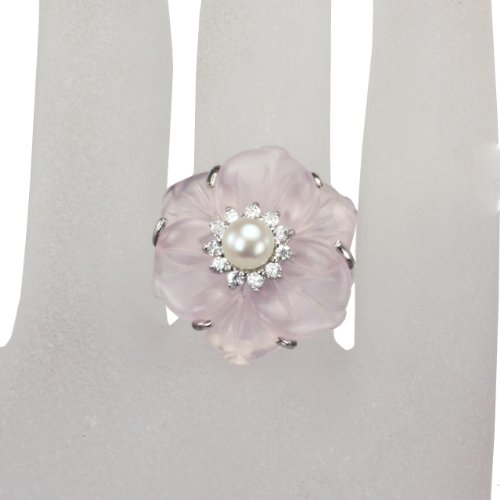 Dahlia Rose Quartz CZ Flower Pearl Silver Ring