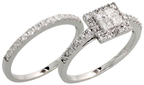 14k White Gold Square Wedding Ring Set with Diamonds