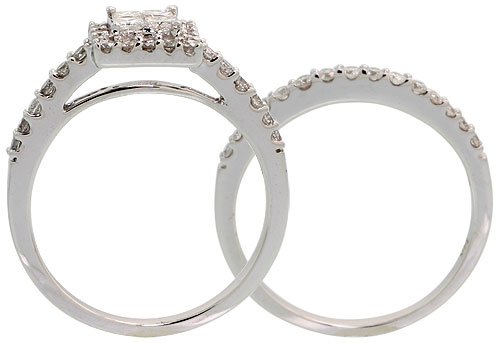 14k White Gold Square Wedding Ring Set with Diamonds