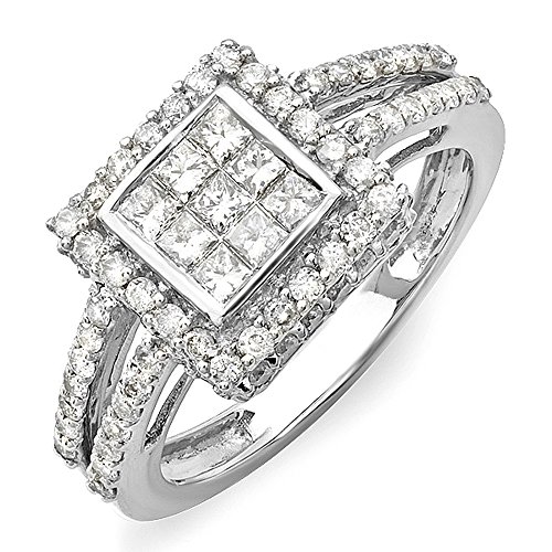 Princess & Round White Diamond Bridal Ring, 14K White Gold, Size 7