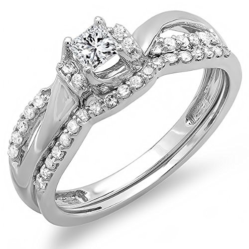 10k White Gold Princess & Round Diamond Ring Set