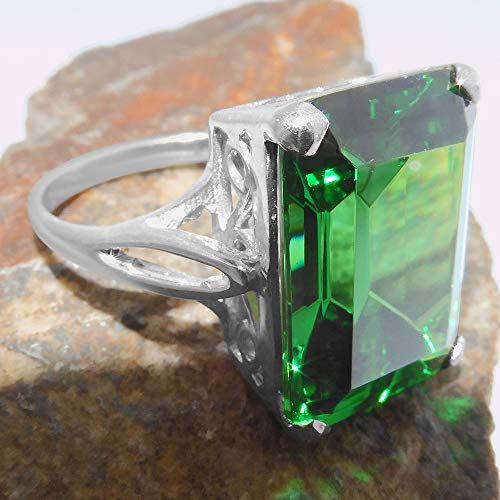 Large Green CZ Octagon Cut Sterling Silver Ring - Size 12