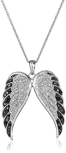 Sterling Silver Black & White Diamond Angel Wings Necklace