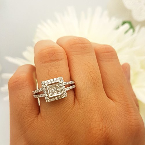 Princess & Round White Diamond Bridal Ring, 14K White Gold, Size 7