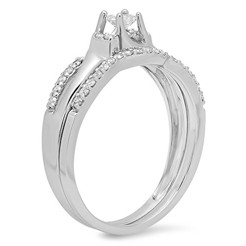 10k White Gold Princess & Round Diamond Ring Set