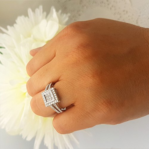 Princess & Round White Diamond Bridal Ring, 14K White Gold, Size 7