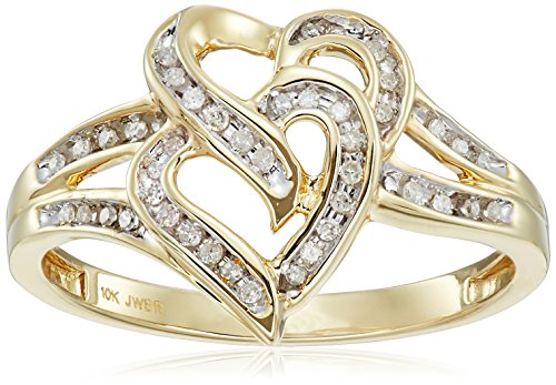 10K Yellow Gold Diamond Double Heart Ring, Size 7