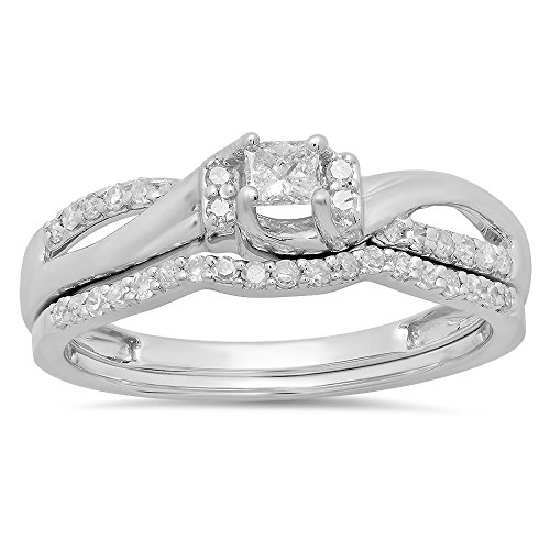 10k White Gold Princess & Round Diamond Ring Set