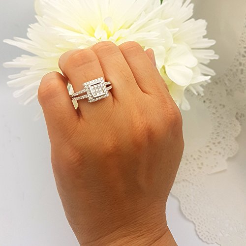 Princess & Round White Diamond Bridal Ring, 14K White Gold, Size 7