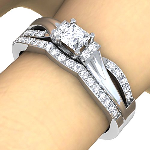 10k White Gold Princess & Round Diamond Ring Set