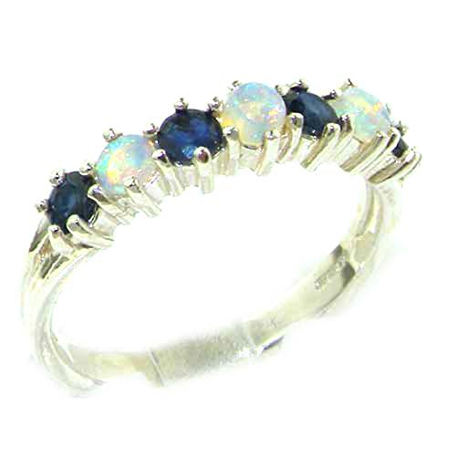 Elegant Opal & Sapphire Silver Eternity Ring - Size 6