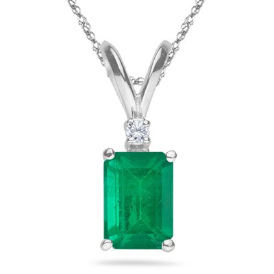 Natural Emerald Cut Diamond Accented Solitaire Pendant White Gold